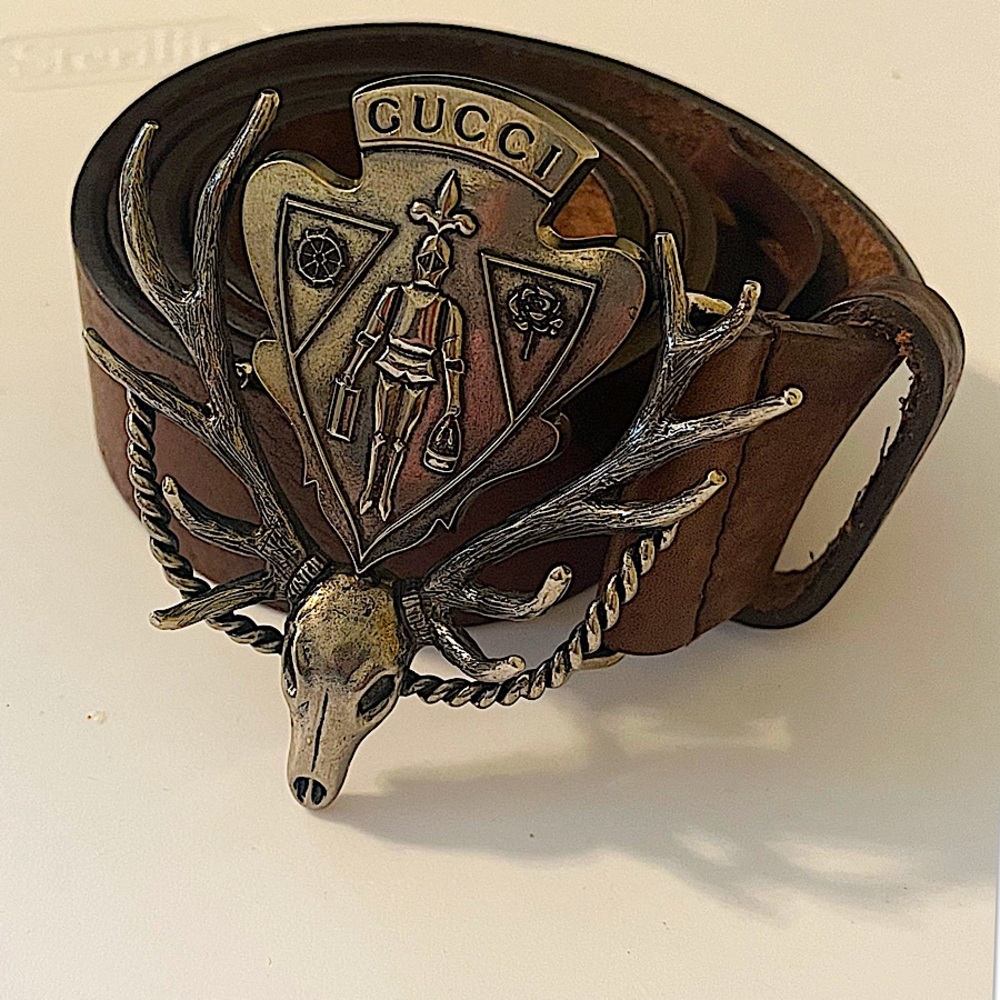 Authentic Gucci Silver Plated Crest & Reindeer Buckle Brown Leather Belt - Picture 1 of 8